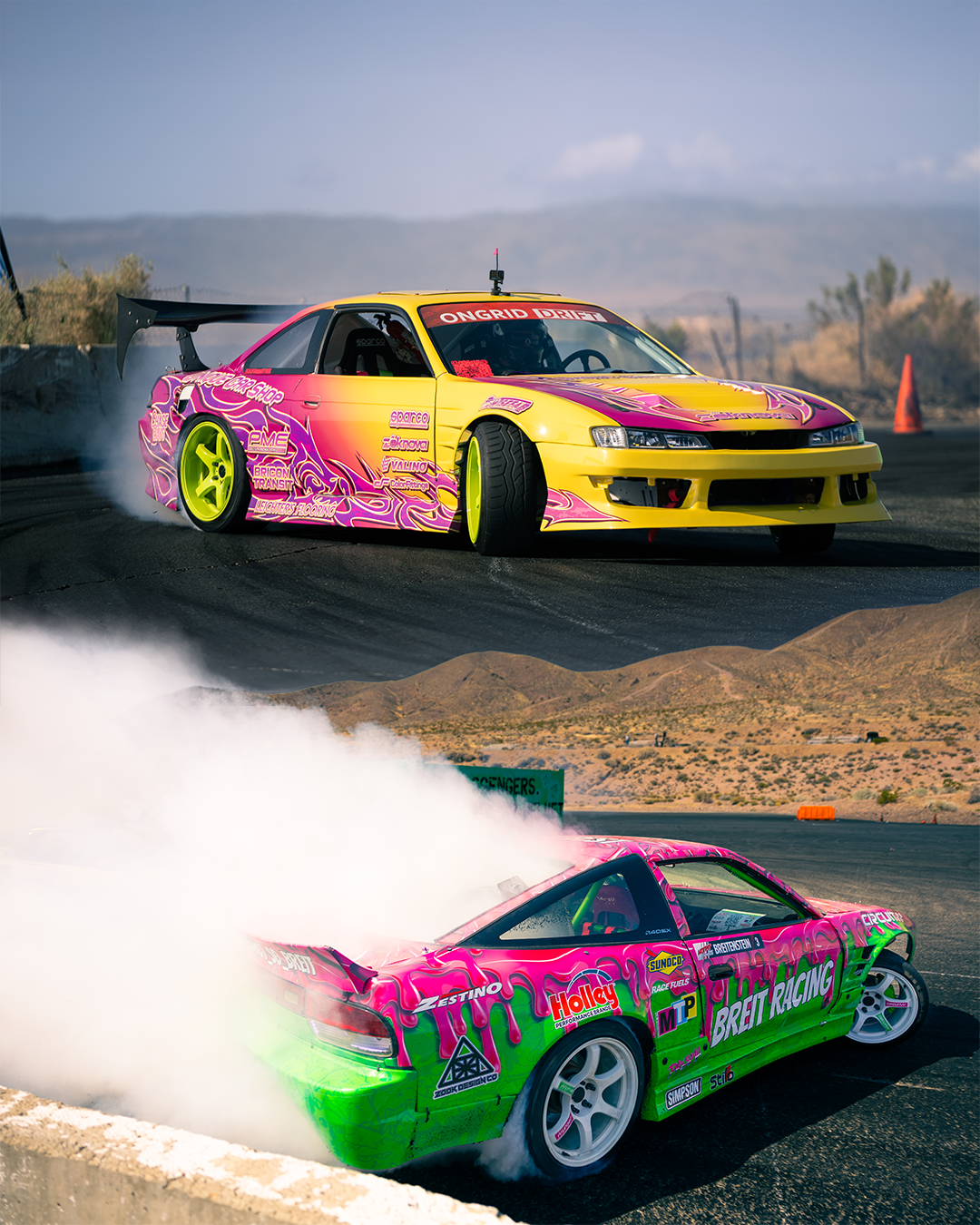 Two colorful cars drifting close to the wall.
